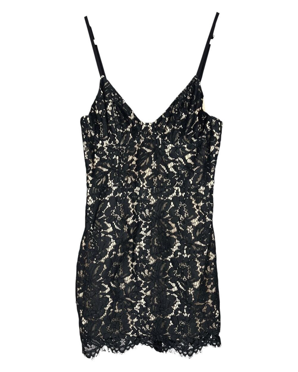 TOBI After Dark Black Lace Bodycon Mini Dress Tan Nude Lining Size Small